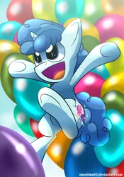 Size: 1024x1463 | Tagged: safe, artist:neoncel, derpibooru import, party favor, pony, balloon, cute, favorbetes, open mouth, solo, underhoof, wingding eyes