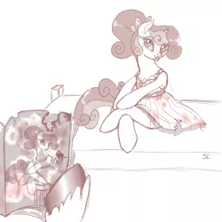 Size: 1024x1024 | Tagged: artist:sourcherry, bed, blood, bow, classy, clothes, derpibooru import, dirty, dress, hair bow, milkshake, oc, oc:pretty wreck, oc:silk thread, pose, safe, sitting, sultry pose, unofficial characters only