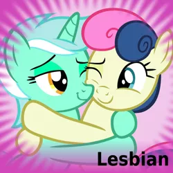 Size: 1024x1024 | Tagged: safe, artist:dtkraus, derpibooru import, bon bon, lyra heartstrings, sweetie drops, derpibooru, adorabon, bedroom eyes, best friends, couple, cute, female, heartwarming in hindsight, hug, lesbian, lyrabetes, lyrabon, meta, nuzzling, official spoiler image, shipping, smiling, spoilered image joke, squishy cheeks, wink