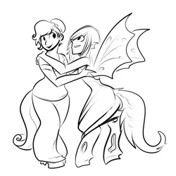 Size: 600x600 | Tagged: artist:sterks, changeling, derpibooru import, female, hug, monochrome, oc, oc:mistake, oc:sapphire belle, offspring, parent:anon, parent:queen chrysalis, parent:rarity, safe, satyr, unofficial characters only