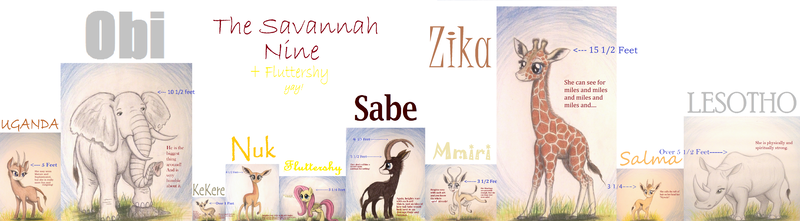 Size: 6736x1864 | Tagged: animal in mlp form, antelope, artist:thefriendlyelephant, big ears, cloven hooves, derpibooru import, dik dik, elephant, fluttershy, gazelle, gerenuk, giant sable antelope, giraffe, height difference, horns, long neck, oc, oc:kekere, oc:lesotho, oc:mmiri, oc:nuk, oc:obi, oc:sabe, oc:salma, oc:uganda, oc:zeka, oc:zika, rhinoceros, safe, size chart, size comparison, springbok, traditional art, tusk