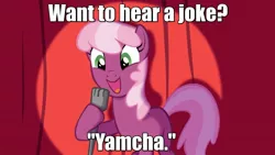 Size: 1280x720 | Tagged: safe, artist:equestria-prevails, derpibooru import, edit, cheerilee, earth pony, pony, cheerilee pun, curtain, dragon ball z, exploitable, exploitable meme, female, happy, hoof hold, looking down, mare, meme, microphone, open mouth, pun, shading, smiling, solo, standing, template, the worf effect, totally radical, yamcha