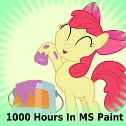 Size: 1024x1024 | Tagged: safe, artist:joey, derpibooru import, apple bloom, earth pony, pony, derpibooru, 1000 hours in ms paint, adorabloom, bow, cute, eyes closed, female, filly, hair bow, image, meta, ms paint, official spoiler image, paint, paint bucket, paint on fur, paint on hooves, png, spoilered image joke