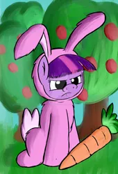 Size: 1024x1503 | Tagged: artist:greenfinger, bunny costume, carrot, clothes, costume, cute, derpibooru import, earth pony twilight, safe, solo, twilight sparkle, unamused, unhappy