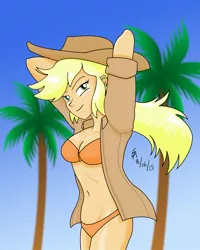 Size: 800x999 | Tagged: suggestive, artist:mayorlight, derpibooru import, applejack, equestria girls, bedroom eyes, belly button, bikini, breasts, clothes, digital art, gradient background, humanized, midriff, open clothes, open shirt, palm tree, signature, solo, swimsuit, tree