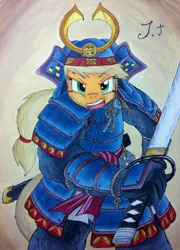 Size: 1280x1775 | Tagged: anthro, applejack, armor, artist:jet-ann, badass, derpibooru import, helmet, katana, safe, samurai, samurai applejack, solo, sword, weapon