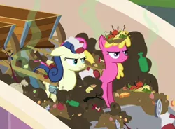 Size: 532x391 | Tagged: bon bon, bon bon is not amused, cart, cherry berry, derpibooru import, duo, duo female, female, putting your hoof down, safe, screencap, smell, sweetie drops, trash, visible stench