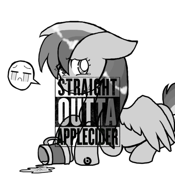 Size: 1692x1692 | Tagged: apple cider, cider dash, derpibooru import, forced meme, meme, monochrome, rainbow dash, safe, solo, straight outta compton