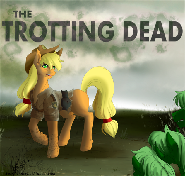 Size: 850x807 | Tagged: applejack, artist:muirne, artist:wispywinterwind, badge, crossover, derpibooru import, poster, rick grimes, safe, the trotting dead, the walking dead, zombie