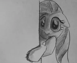 Size: 848x700 | Tagged: artist:inkygarden, charcoal drawing, derpibooru import, fluttershy, grayscale, monochrome, :o, safe, sketch, solo, traditional art