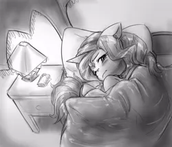 Size: 856x729 | Tagged: safe, artist:alloyrabbit, derpibooru import, sunset shimmer, oc, oc:anon, human, pony, unicorn, bed, bedside stand, blanket, blushing, canopy bed, crying, curled up, curtains, lamp, micro, monochrome, pillow, sad, shading, size difference, sketch, snuggling, tissue