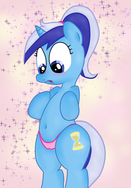 Size: 1760x2520 | Tagged: questionable, artist:an-tonio, artist:lord waite, derpibooru import, minuette, pony, belly button, bipedal, blushing, cameltoe, clothes, colored, female, panties, pink underwear, ponytail, show accurate, solo, solo female, thong, underwear