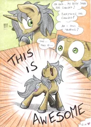 Size: 831x1151 | Tagged: safe, artist:chocolatechilla, derpibooru import, part of a set, oc, oc:mercury shine, unofficial characters only, pony, unicorn, comic:failed experiments, comic, happy, human to pony, part of a series, rule 63, solo, traditional art, transformation, transgender transformation