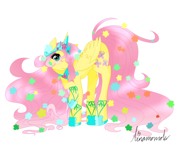 Size: 1280x1024 | Tagged: safe, artist:linamomoko, derpibooru import, fluttershy, alicorn, pony, alicornified, blushing, cute, eyes, flower, flower in hair, fluttercorn, hair over one eye, long hair, race swap, raised hoof, signature, simple background, solo, transparent background