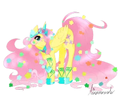 Size: 1280x1024 | Tagged: safe, artist:linamomoko, derpibooru import, fluttershy, alicorn, pony, alicornified, blushing, cute, eyes, flower, flower in hair, fluttercorn, hair over one eye, long hair, race swap, raised hoof, signature, simple background, solo, transparent background