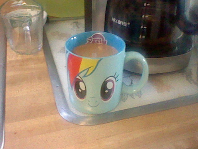 Size: 640x480 | Tagged: safe, derpibooru import, rainbow dash, coffee, counter, face, irl, mug, photo, pot