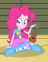 Size: 308x394 | Tagged: safe, derpibooru import, screencap, pinkie pie, equestria girls, rainbow rocks, shake your tail, balloon, boots, bracelet, clothes, flower, high heel boots, jewelry, lei, skirt, solo, ukulele