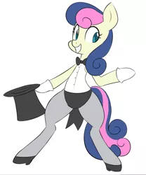 Size: 760x914 | Tagged: safe, artist:hidden-cat, derpibooru import, bon bon, sweetie drops, ponified, earth pony, pony, all's fair in love and friendship games, friendship games, bipedal, bowtie, clothes, female, gloves, hat, mare, pantyhose, shoes, simple background, solo, top hat, white background