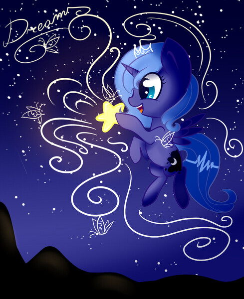 Size: 734x900 | Tagged: artist:lucinda250, derpibooru import, dream, filly, flying, night, princess luna, remake, safe, solo, stars, tangible heavenly object, woona