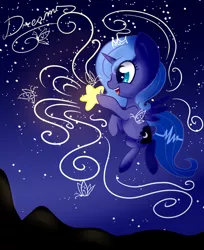Size: 734x900 | Tagged: artist:lucinda250, derpibooru import, dream, filly, flying, night, princess luna, remake, safe, solo, stars, tangible heavenly object, woona