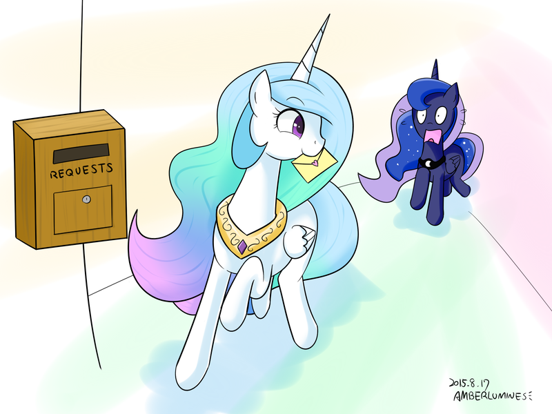 Size: 1600x1200 | Tagged: artist:vanillafox2035, derpibooru import, letter, mouth hold, nervous, panic, princess celestia, princess luna, safe, suggestion box, sweatdrop