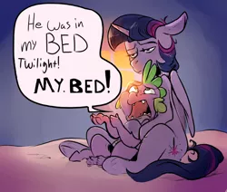Size: 1280x1083 | Tagged: safe, artist:imsokyo, derpibooru import, spike, twilight sparkle, twilight sparkle (alicorn), alicorn, dragon, pony, daily life of spike, make new friends but keep discord, bed, comforting, dialogue, female, implied discord, male, mama twilight, mare, scarred for life, sitting, traumatized, tumblr