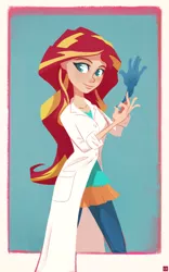 Size: 1000x1599 | Tagged: safe, artist:ajvl, derpibooru import, sunset shimmer, equestria girls, friendship games, the science of magic, clothes, human coloration, lab coat, rubber gloves, solo, sunset the science gal