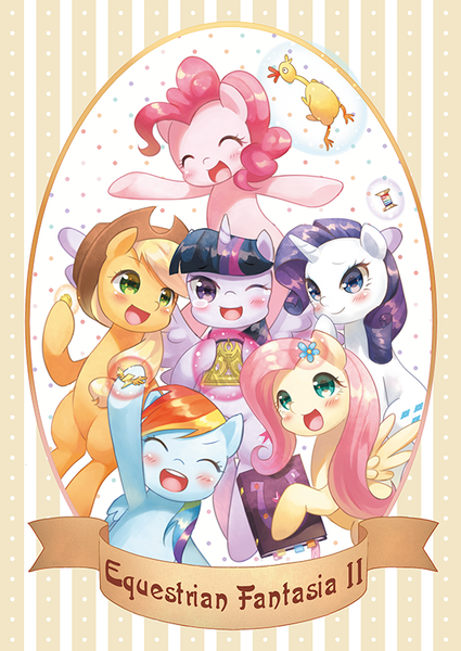 Size: 573x809 | Tagged: safe, artist:tsurukinoki, derpibooru import, applejack, fluttershy, pinkie pie, rainbow dash, rarity, twilight sparkle, twilight sparkle (alicorn), alicorn, pony, female, mane six, mare