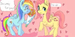 Size: 1024x512 | Tagged: safe, artist:kora, derpibooru import, fluttershy, rainbow dash, blushing, female, flutterdash, lesbian, shipping