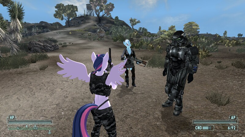 Size: 1920x1080 | Tagged: 3d, anthro, derpibooru import, fallout: new vegas, heavily modded, midriff, pony race and companion mod, safe, screencap, shoddycast, story teller mod, the story teller, trixie, twilight sparkle, twilight sparkle (alicorn)