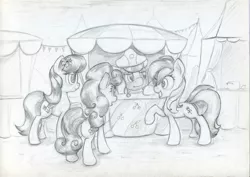 Size: 1414x1000 | Tagged: artist:scootiebloom, daisy, derpibooru import, flower wishes, lily, lily valley, monochrome, roseluck, safe, traditional art
