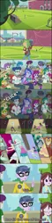Size: 800x3376 | Tagged: safe, derpibooru import, screencap, aqua blossom, bon bon, captain planet, curly winds, heath burns, indigo wreath, lyra heartstrings, microchips, mystery mint, princess luna, sandalwood, some blue guy, starlight, sweet leaf, sweetie drops, teddy t. touchdown, thunderbass, velvet sky, owl, peacock, all's fair in love and friendship games, equestria girls, friendship games, background human, barbell, bon owl, caber toss, chloe commons, clapping, clothes, comic, costume, lyrabird, notebook, pen, screencap comic, surprised, vice principal luna, writing