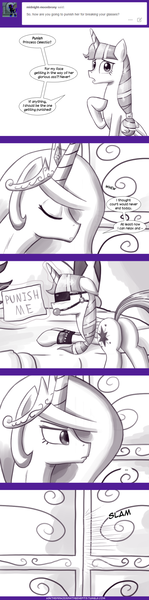 Size: 476x1920 | Tagged: questionable, artist:deusexequus, derpibooru import, princess celestia, twilight sparkle, twilight sparkle (alicorn), alicorn, pony, ask the princess of friendship with benefits, alternate hairstyle, ballgag, blindfold, bondage, comic, dialogue, featureless crotch, female, gag, lesbian, levitation, magic, mare, monochrome, plot, raised tail, shipping, speech bubble, submissive, telekinesis, twilestia