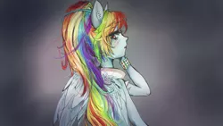 Size: 1920x1080 | Tagged: safe, artist:dream--chan, derpibooru import, rainbow dash, human, bracelet, clothes, collar, eared humanization, eyelashes, female, human facial structure, humanized, jewelry, lipstick, long ears, long hair, looking at you, looking back, ponytail, simple background, solo, upper body, winged humanization, wings, wristband