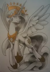 Size: 1860x2688 | Tagged: safe, artist:wynnchi, derpibooru import, princess celestia, princess shoes, simple background, smiling, solo, spread wings, traditional art