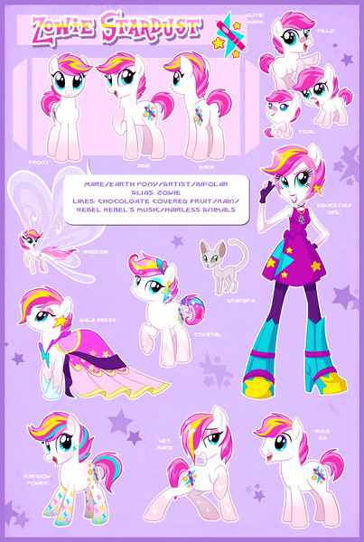 Size: 3080x4580 | Tagged: safe, artist:centchi, derpibooru import, oc, oc:zowie stardust, unofficial characters only, cat, earth pony, pony, equestria girls, 5-year-old, baby, baby pony, breeziefied, clothes, crystallized, dress, equestria girls-ified, female, filly, gala dress, ponied up, rainbow power-ified, reference sheet, rule 63, solo, wet mane