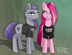 Size: 1279x975 | Tagged: alternate hairstyle, artist:8bitamy, cannibal corpse, clothes, derpibooru import, maud pie, metallica, piercing, pinkamena diane pie, pinkie pie, safe, shirt, wrong cutie mark