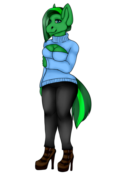 Size: 840x1280 | Tagged: anthro, artist:hunachima, boots, cleavage, clothes, derpibooru import, female, high heel boots, high heels, jeans, keyhole turtleneck, oc, oc:jade aurora, open-chest sweater, safe, solo, sweater, turtleneck, unofficial characters only