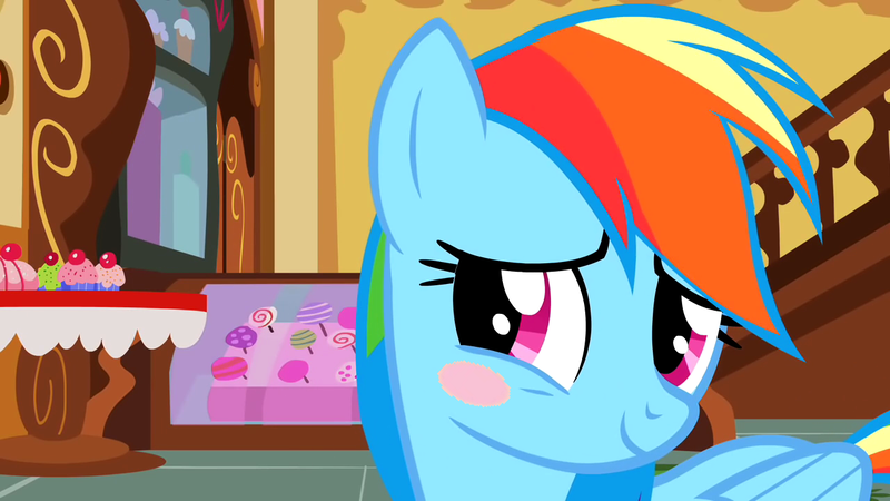 Size: 1280x720 | Tagged: safe, derpibooru import, edit, edited screencap, screencap, rainbow dash, the cutie mark chronicles, blushing, cute, dashabetes, grin, solo