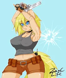 Size: 1258x1500 | Tagged: ammunition belt, anthro, anthro oc, armpits, artist:zanclife, big breasts, blonde, braless, breasts, clothes, derpibooru import, female, gun, lethal weapon, oc, oc:aimmy, pistol, solo, solo female, suggestive, tanktop, trigger discipline, unofficial characters only, weapon, wide hips