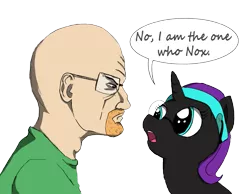 Size: 1045x811 | Tagged: artist needed, safe, derpibooru import, oc, oc:nyx, alicorn, pony, alicorn oc, breaking bad, crossover, frown, glare, heisenberg, joke, open mouth, pun, simple background, speech bubble, transparent background, walter white