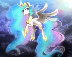 Size: 2500x2000 | Tagged: safe, artist:meotashie, derpibooru import, princess celestia, flying, looking at you, open mouth, solo