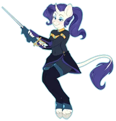 Size: 898x936 | Tagged: adventuring is magic, anthro, artist:mochaspar, classical unicorn, cloth, clothes, derpibooru import, fingerless gloves, gloves, leonine tail, rapier, rarity, safe, smiling, solo, sword, unguligrade anthro