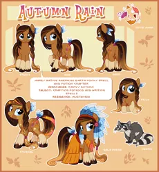Size: 2906x3153 | Tagged: safe, artist:centchi, derpibooru import, oc, oc:autumn rain, unofficial characters only, earth pony, pony, raccoon, headdress, reference sheet, solo