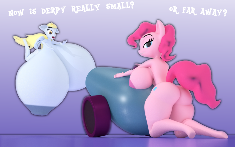 Size: 1100x688 | Tagged: 3d, anthro, areola, artist:sparkbox, ass, big breasts, blender, breasts, busty derpy hooves, busty pinkie pie, cgi, derpibooru import, derpy hooves, female, huge breasts, hyper breasts, impossibly large breasts, large butt, nipples, nudity, party cannon, perspective, pinkie pie, questionable, sideboob