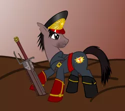 Size: 1000x889 | Tagged: safe, artist:vladar4, derpibooru import, ponified, earth pony, pony, chainsword, ciaphas cain, commissar, five o'clock shadow, hat, male, solo, stallion, sword, torn ear, warhammer (game), warhammer 40k