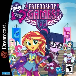 Size: 505x503 | Tagged: safe, artist:dannydsi3d, derpibooru import, fluttershy, indigo zap, pinkie pie, rainbow dash, sci-twi, sour sweet, sugarcoat, sunset shimmer, twilight sparkle, equestria girls, friendship games, canterlot high, cover, cover art, crystal prep academy, crystal prep shadowbolts, dreamcast, equestria girls logo, game, hasbro, sega, wondercolts