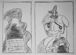 Size: 1025x745 | Tagged: safe, artist:inkygarden, derpibooru import, twilight sparkle, charcoal drawing, coca-cola, grayscale, monochrome, sketch, solo, traditional art