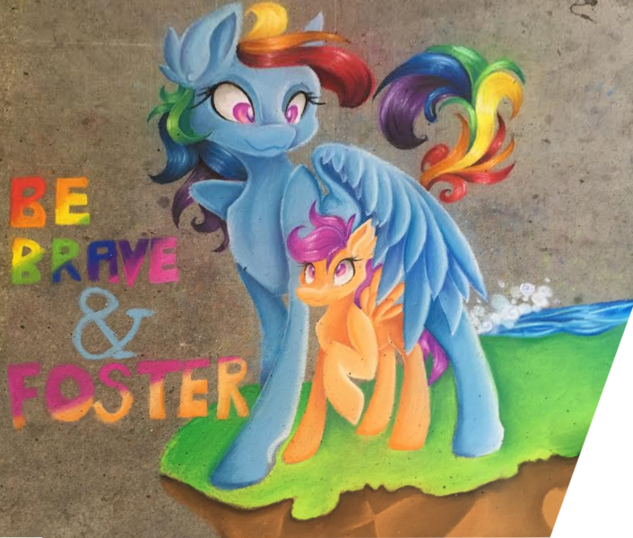 Size: 919x781 | Tagged: safe, derpibooru import, rainbow dash, scootaloo, pegasus, pony, chalk, hug, scootalove, street art, traditional art, wing umbrella, winghug