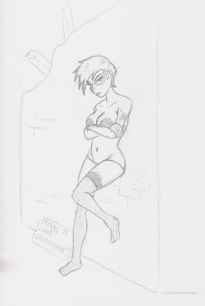 Size: 1219x1819 | Tagged: artist:nightwryte, bra, breasts, clothes, condom, derpibooru import, female, gilda, human, humanized, monochrome, nudity, panties, pencil drawing, piercing, prostitution, solo, solo female, stockings, suggestive, tattoo, thong, traditional art, underwear